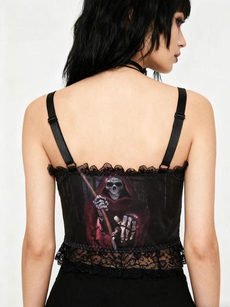 Темный готический принт Бога Смерти, кружевной лоскутный камзол - Быстрая доставка, горячий кроп-топ для девушки