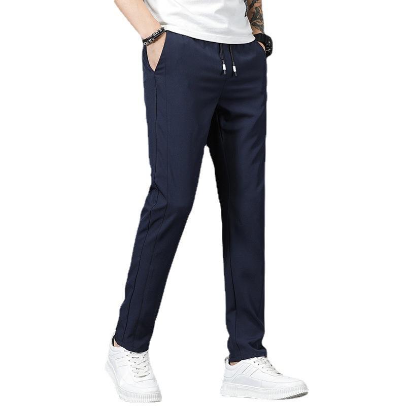 Летние тонкие мужские повседневные брюки, свободные корейские трендовые прямые летние спортивные брюки из полиэстера из ледяного шелка, мужские