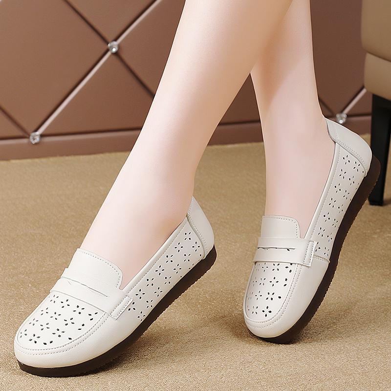 Women's Flats Loafers Driving Shoes Moccasins White Flats Casual Soft Summer Hollow Walking Shoes for Mother