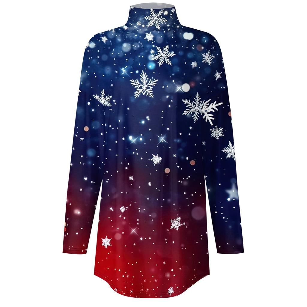 Женская модная повседневная футболка с высоким воротом и рождественским принтом, длинный рукав, пуловер, топ