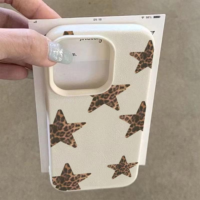 Leopard Print Stars Lychee Texture Phone Case For iPhone 11 12 13 14 15 16 17 Pro Max 17 Air 15 14 Plus X XS XR 16E Soft Cover