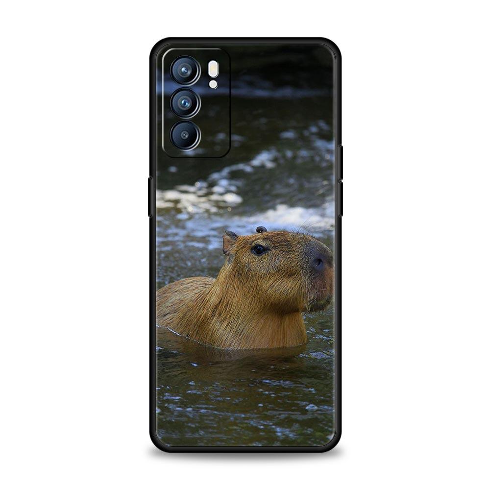 Cute Capybara Case For Oppo Find X6 Pro X5 A54 A53 A52 A9 2020 A15 A95 A17 A16 A76 A74 A57 Reno7 Reno6 Pro Plus 5G Black Cover