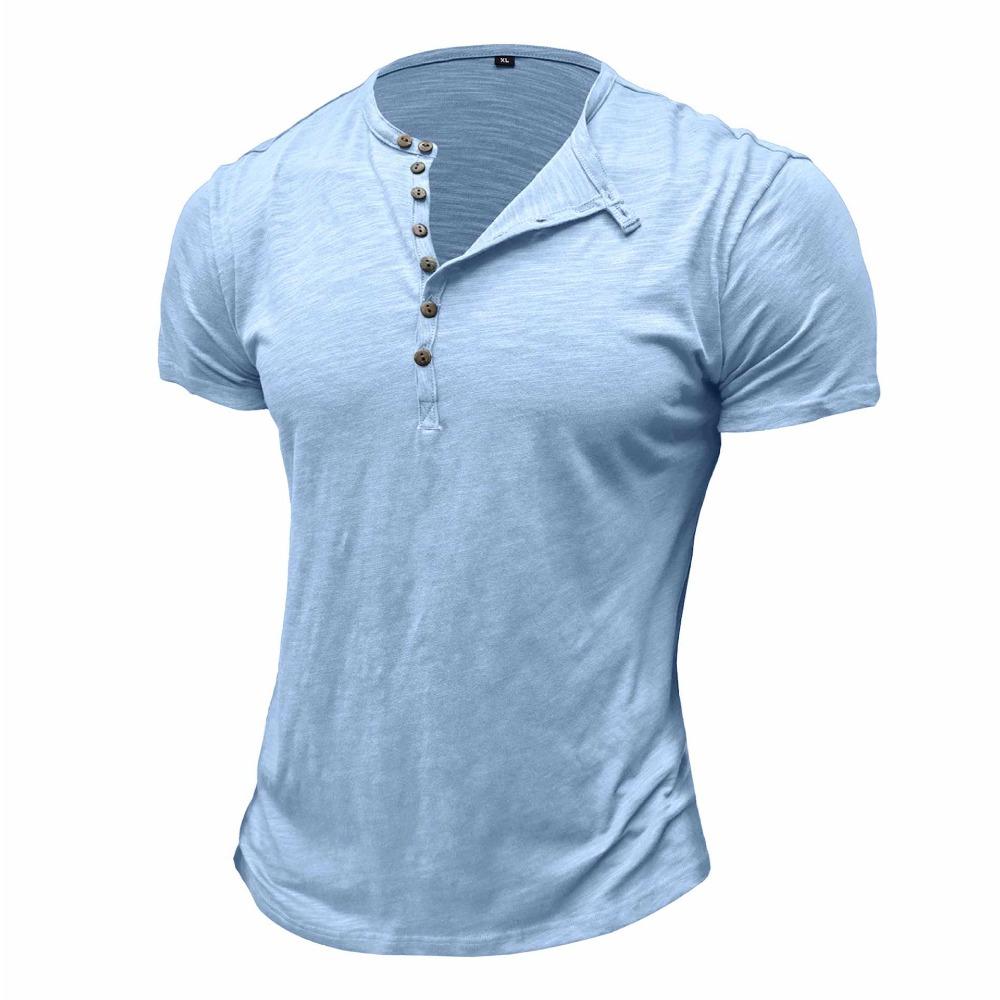 Summer Men’s Casual Tops: Classic Men’s Henley-style Short-sleeved T-shirt with A Stand-up Collar