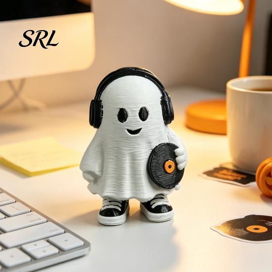 Cute Ghost Decor Halloween Figurine, Holding Coffee/Book/Record Resin Statue, Trendy Interior Soft Furnishings Spooky Tabletop Ornament for
