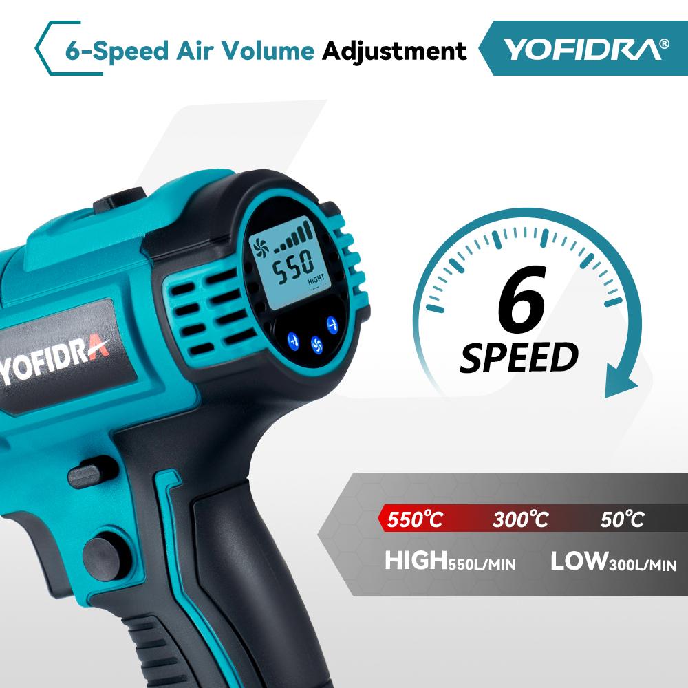 Yofidra 550℃ Electric Heat Guns Heat Hot Air Gun 2 Gears Wind Speed 6 Gear Optional LED Display Cordless Rechargeable Heat Gun for Makita 18V Battery