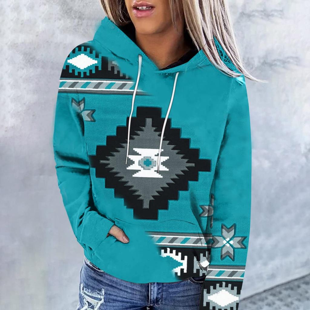 Women's Fashion Casual Ethnic Style Printed Long Sleeved Hooded Sweater Top