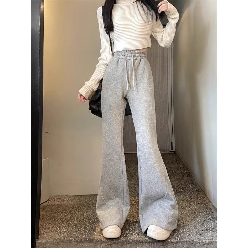 Корейский стиль, модные флисовые спортивные штаны, женские серые брюки-клеш Y2K, винтажные зимние теплые толстые брюки большого размера, широкие брюки для бега