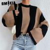 Autumn Winter Foreign Style Knitted Sweater Top Crew-neck Striped Design Sense of Niche Sweater Coat Women
