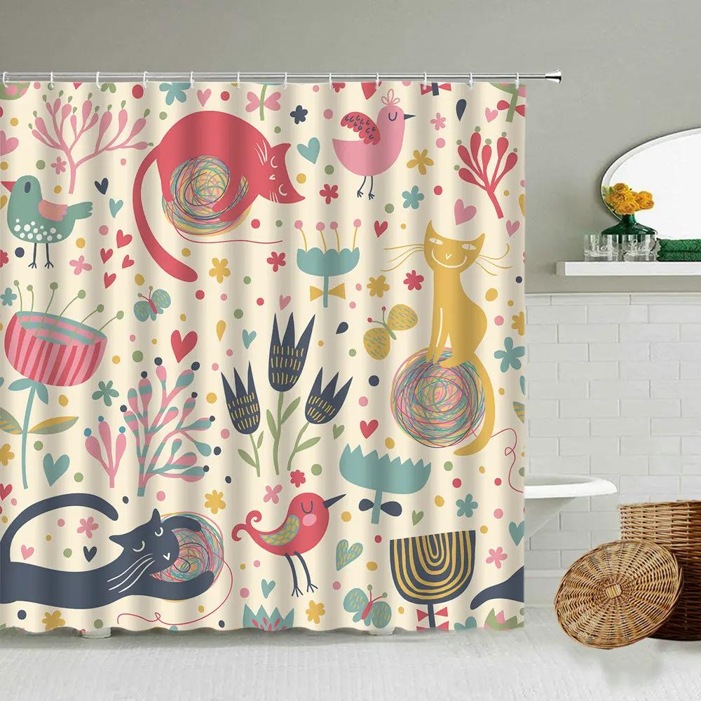 Cartoon Hand-Painted Animal Shower Curtain, Cat, Bird, Rabbit, Plant, Flower, Child Bathroom Decor With Hook