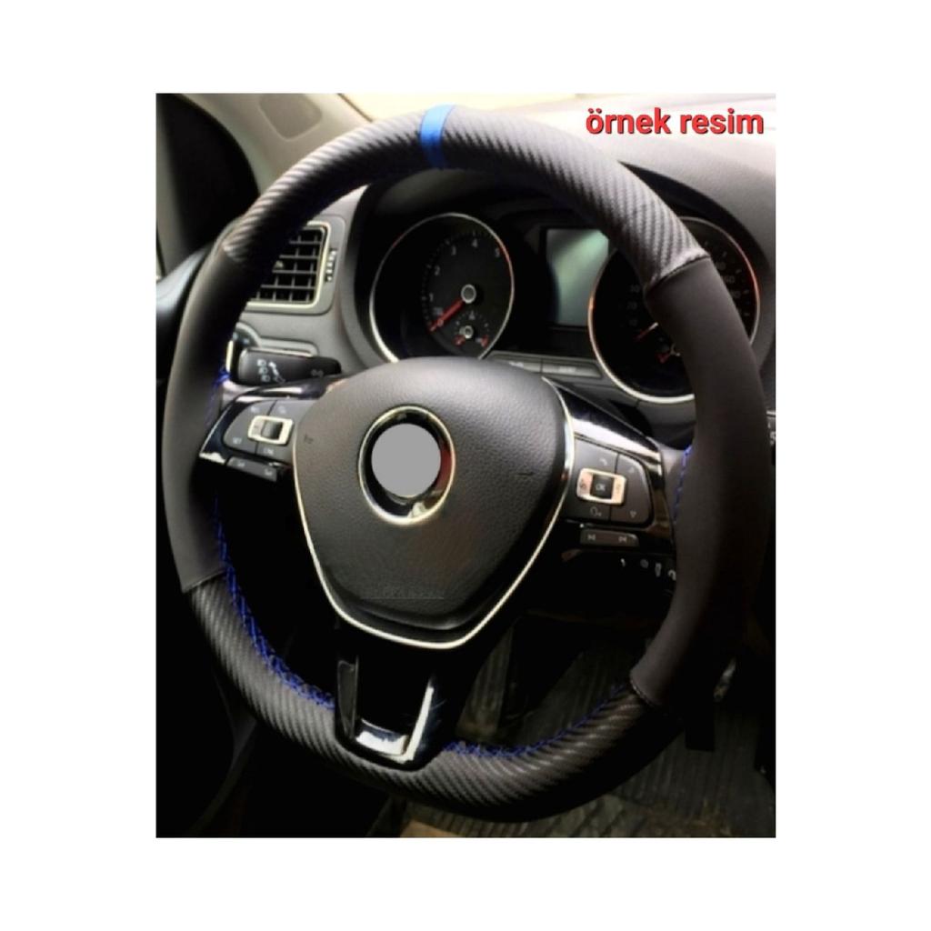 Fiat Doblo Compatible Leather Steering Wheel Cover With Studs Alkantra-carbon Blue Ring