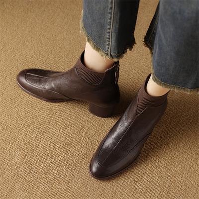 Модные новые осенние женские ботинки из натуральной кожи, модные ботинки с круглым носком для женщин, короткие ботинки, ботильоны, массивные каблуки, черные, коричневые