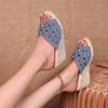 Large Size Summer New High-heeled Wedge Heel Thick-bottomed Denim One-word Rivets Fish Mouth Women's Slippers