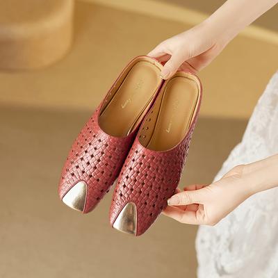 Мода 2025 Мюли из натуральной кожи Женские Закрытый носок Увеличенный каблук Шлепанцы Женские Летние Повседневные Плетеные Слайдеры Женские Шлепанцы Женские