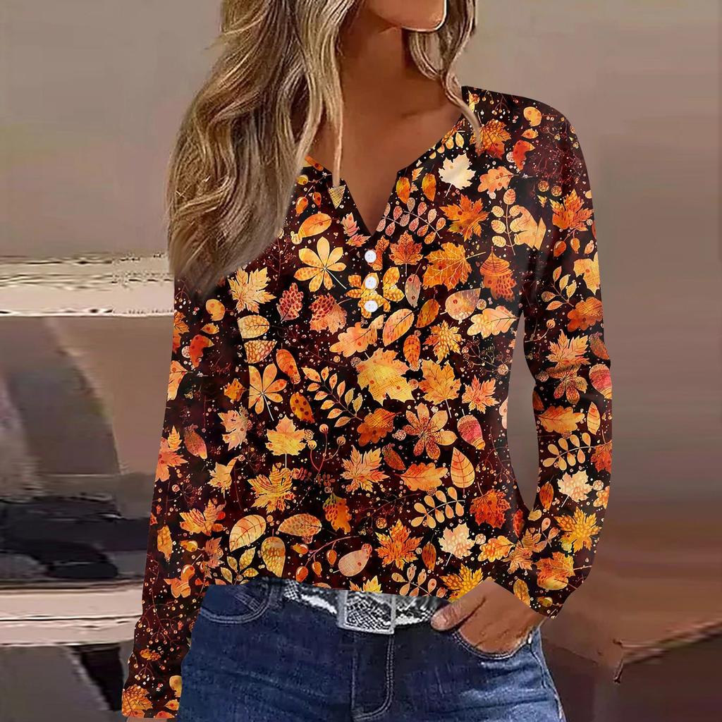 Жен. Футболка Футболка на пуговицах с длинным рукавом Повседневные Выходные Мода Классический Топ с v-образным вырезом Обычный