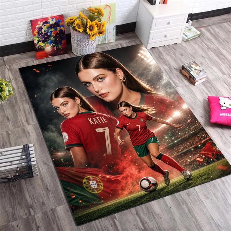 Portugal Women Football Player Portrait Print Area Rug Soccer Sports Non‑Slip Rectangular Floor Mat Living Bedroom Home Decor Fan Carpet