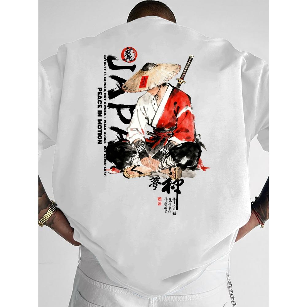 Men's Cotton Loose-fitting T-shirt with Japanese Samurai Print Street Style Casual Daily Wear Top