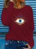 100% pure Polyester women's spring and autumn loose comfortable eye pattern printed long sleeved round neck T-shirt