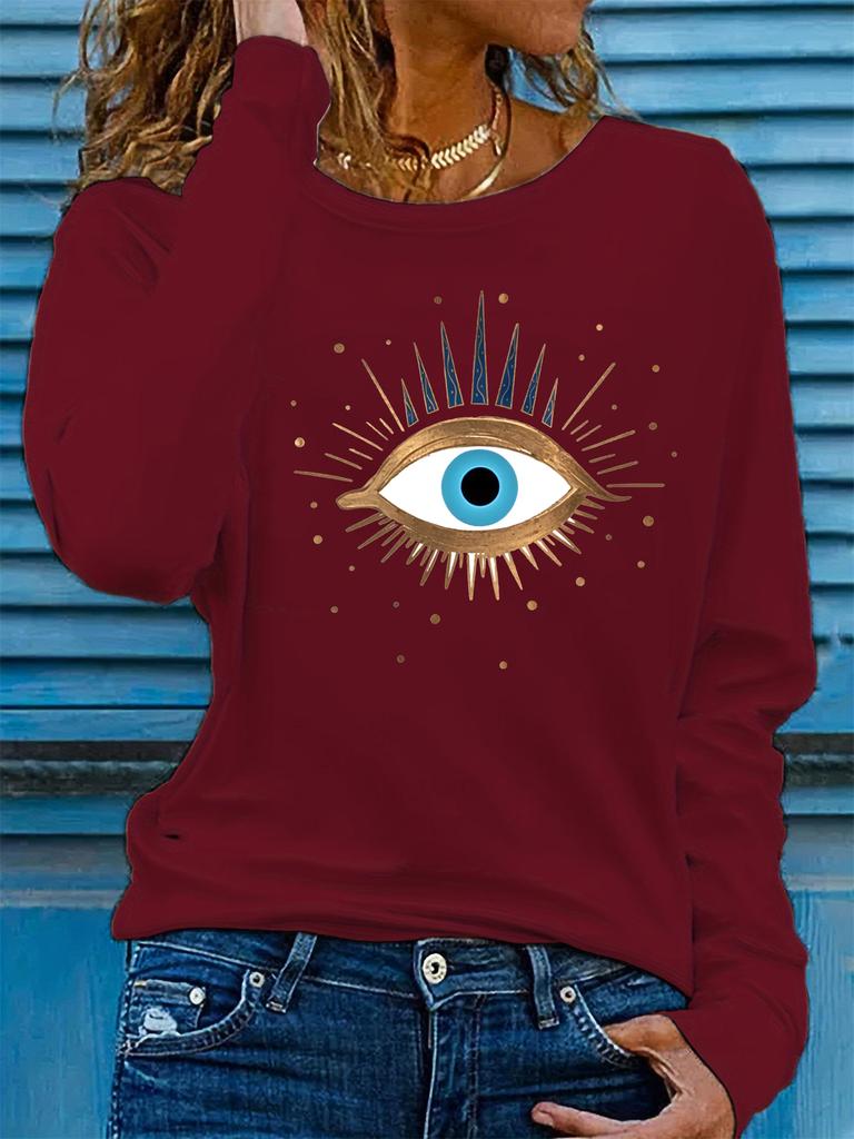 100% pure Polyester women's spring and autumn loose comfortable eye pattern printed long sleeved round neck T-shirt