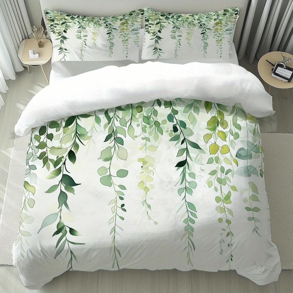 Sage Green Botanical Comforter Cover Eucalyptus Leaves Duvet Cover Spring Watercolor Plants Bedding Set Rustic Farmhouse Bed Set