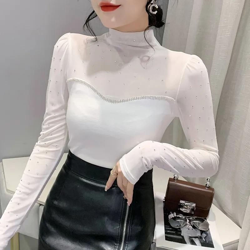 Европейская Осень Новая Мода Для Похудения С Сетчатыми Вставками Горячие Стразы Сексуальная Универсальная Футболка с Длинным Рукавом для Повседневной Носки