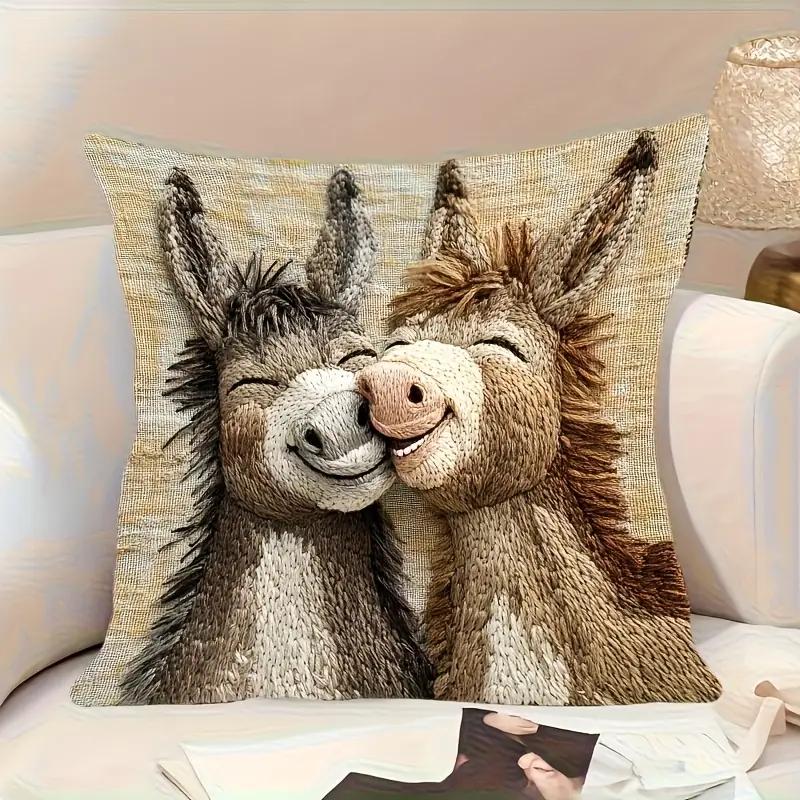 Cute Cartoon Donkey Kiss Pillow Cover with Zipper Closure In Soft Beige