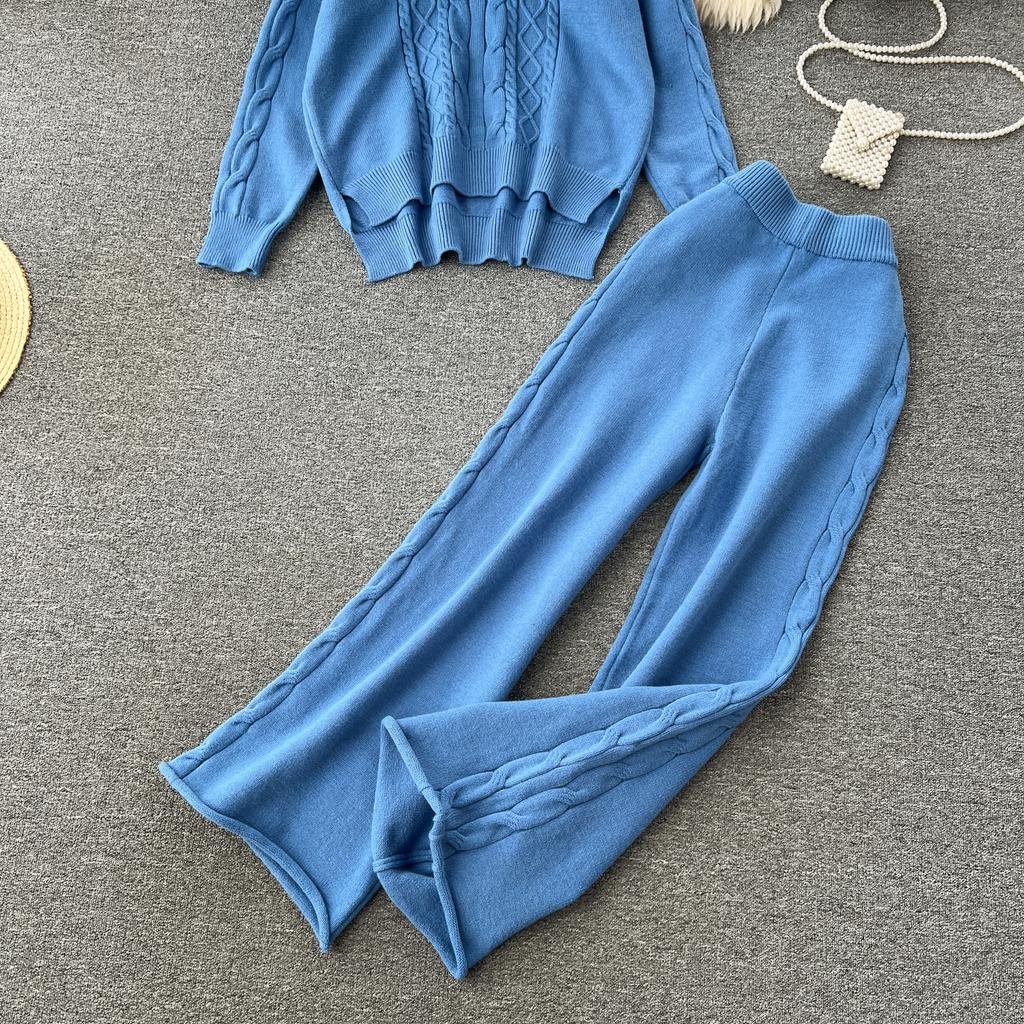 Осенне-зимний женский вязаный свитер, спортивный костюм, модный пуловер с капюшоном, топы и широкие брюки, комплект из двух предметов