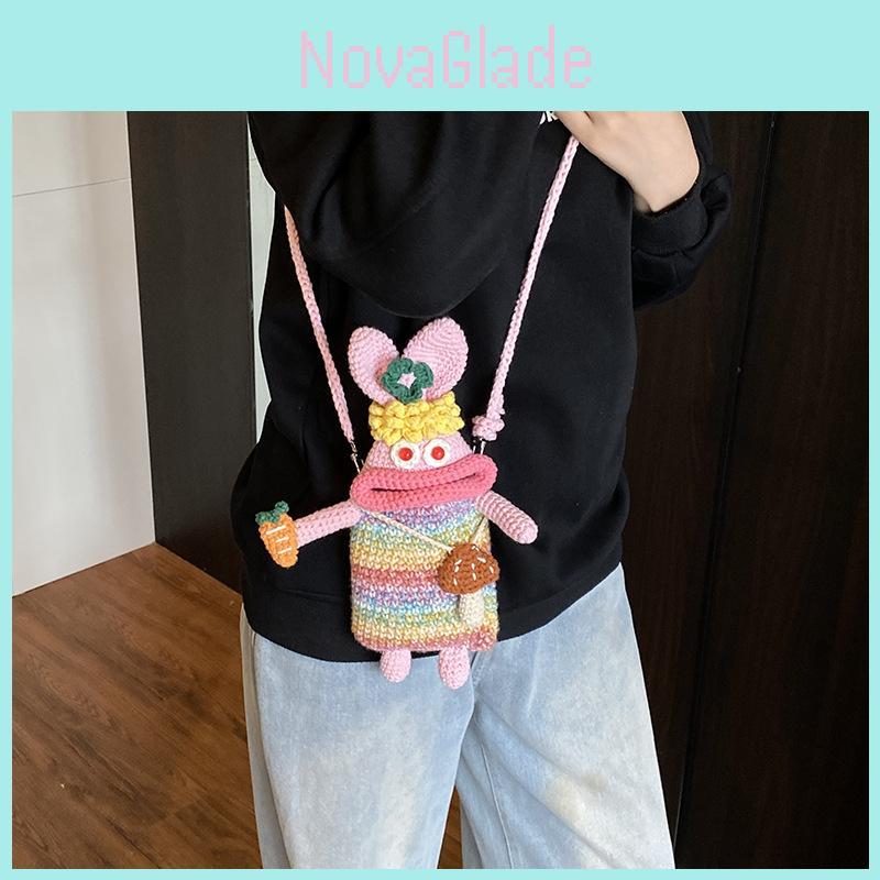 Ugly And Cute Rabbit Woven Crossbody Bag With Radish And Mushrooms For Women Casual Daily City Style