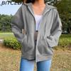 Solid Colour Hooded Padded Sweatshirt Long Sleeve Jacket Women's Street Loose Zip Top