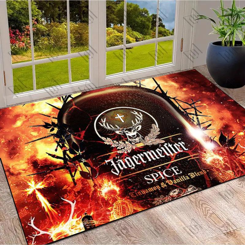 Логотип оленя Jagermeister Пламя Огненный фон Ковер с принтом Зона ковра Бренд ликеров Нескользящий Прямоугольный коврик для пола Бар Игровая комната Мужская берлога Декор Ковер
