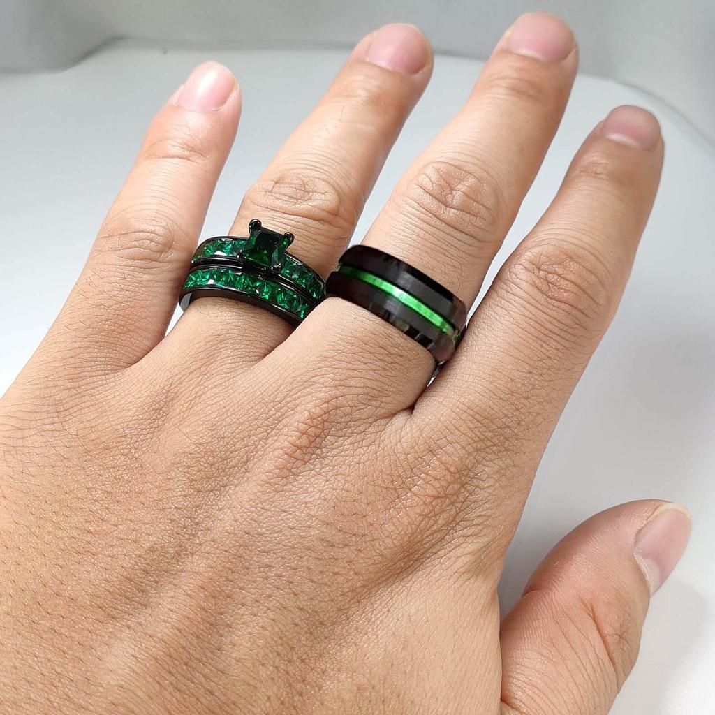 Charm Couple Rings Romantic Women Green Rhinestones Rings Set Trendy Men's Stainless Steel Rings Wedding Jewelry For Lover Gifts
