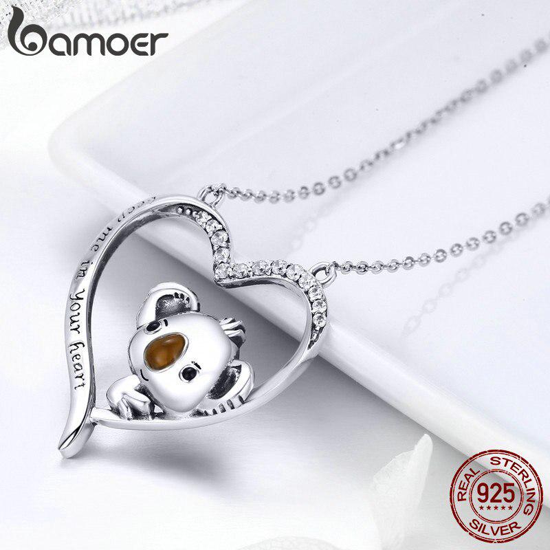 BAMOER, высококачественное настоящее серебро 925 пробы, ожерелья с подвеской в ​​виде милой коалы в форме сердца