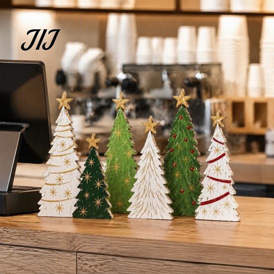 Miniature Festive Desktop Displays 6Pcs Wooden Christmas Tree Tabletop Decor Set, Rustic Star Topped Natural Wood Tiered Tray Mini Figurines,