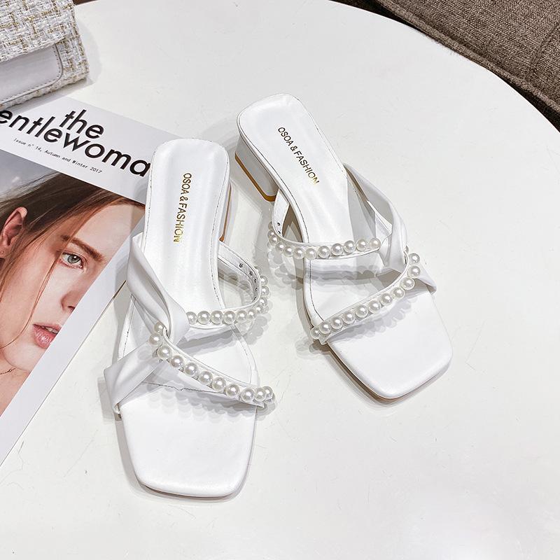 Sandals Summer 2025 Pearl Low-heeled Slippers Thick-heeled Versatile Fairy Wind Summer One-word Thick-heeled Sandals