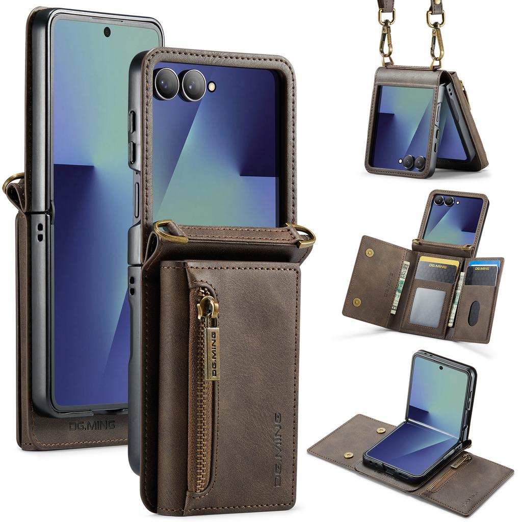 DG.MING M5 Series for Samsung Galaxy Z Flip7 5G Case RFID Blocking Card Slots Leather+PC Phone Cover