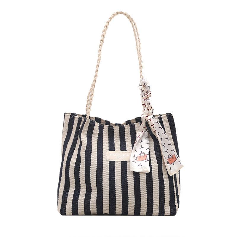 Fashion Letter Decoration Striped Pattern Woven Shoulder Strap Women Tote Bag For Commuting