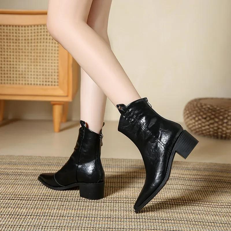 Fashion Women Fashion Chunky Heel Ankle Boots Fashion Solid Color Design Booties Women Autumn New Pointy Cowboy Boots Soft Leather Shoes
