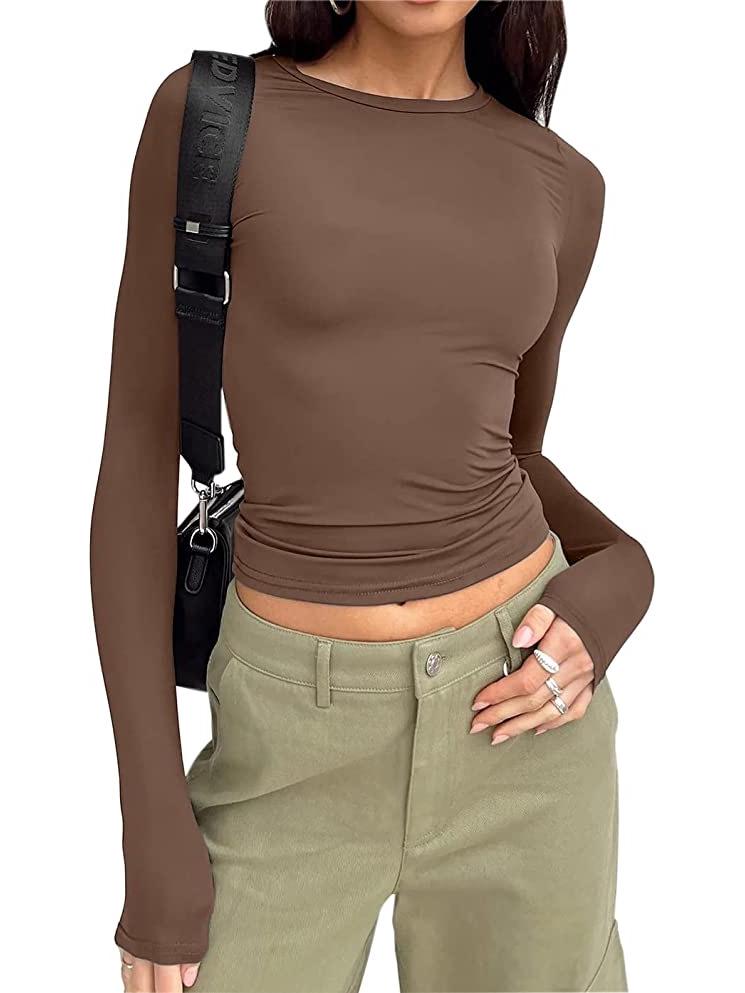 2023 Женская футболка с длинным рукавом, приталенная, нестандартная, однотонная, с круглым вырезом