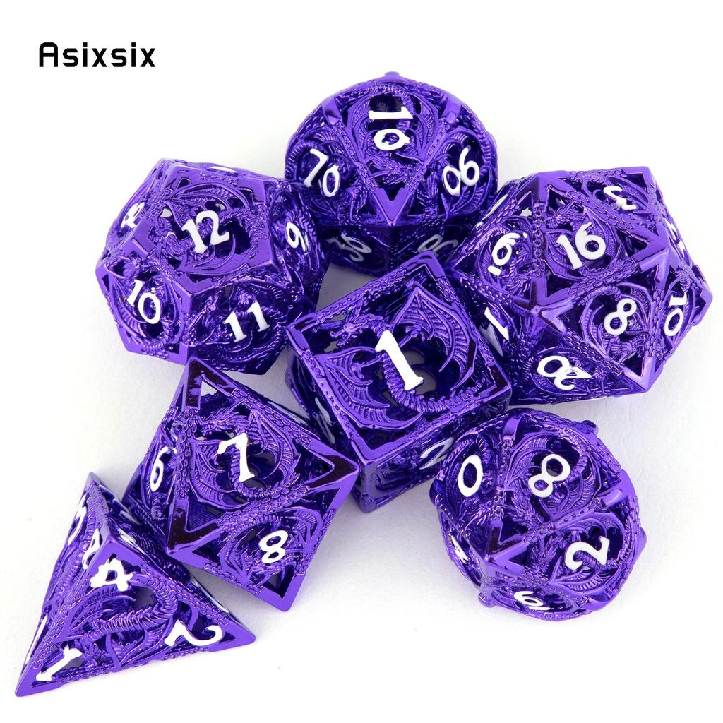 7 Pcs Purple White Dragon Metal Dice Hollow Metal Polyhedral Dice Set Suitable for Role-Playing RPG Board Game Card Game