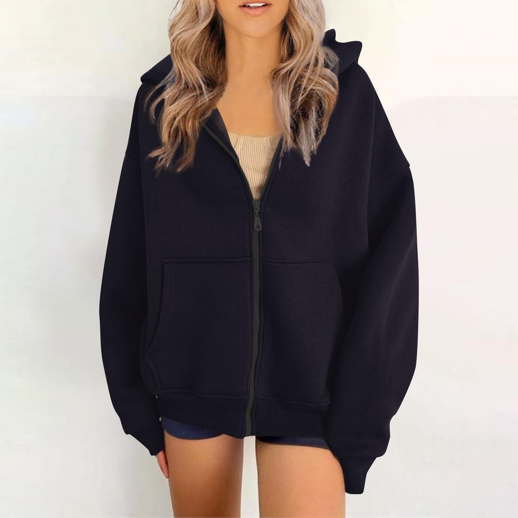 Women's Plain Color Casual Zipper Hooded Cardigan Coat With Pockets