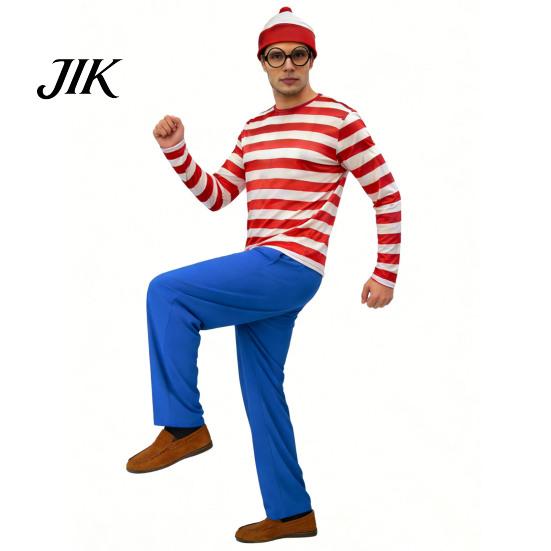 Halloween Festival Outfits Red White Striped Shirt for Adults Kids, Nerd Glasses Character Costumes Hat Included, Men Women Children Sweatshirt