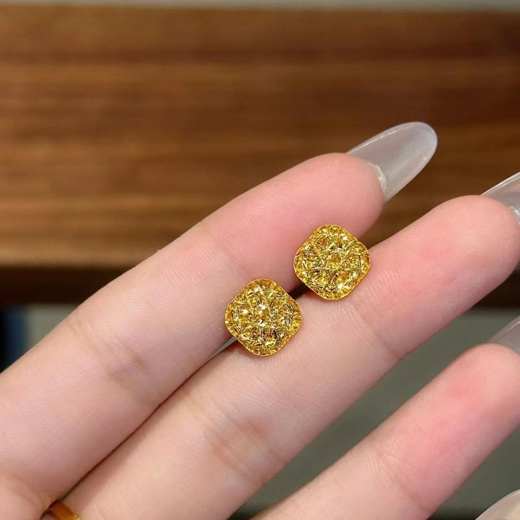 Sugar Cube Earrings Necklace Set Yellow Gold Brushed Small Square Ring Pendant Jewelry Set