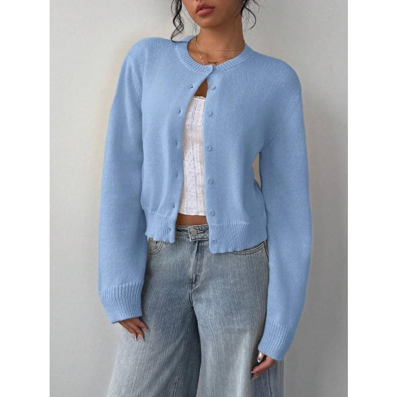 Кардиган свитер с круглым вырезом и длинными рукавами на пуговицах, повседневный простой вязаный женский жакет, однотонные свободные тонкие короткие пальто, осень-зима 2025