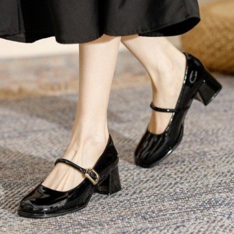 2024 Новые популярные высококачественные однотонные глянцевые женские туфли на каблуке с толстым квадратным носком и средним каблуком