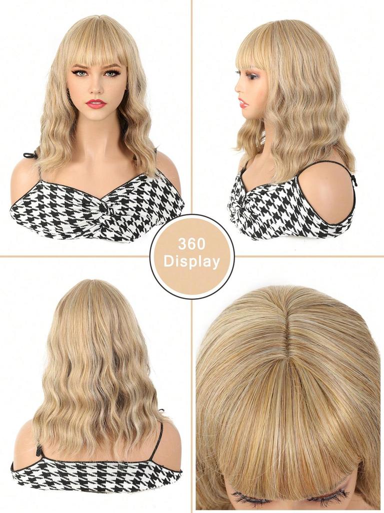 14-дюймовые льняные парики длиной до плеч с золотистой волной для женщин и девочек, вечеринок, хэллоуина, рождественских музыкальных фестивалей и повседневного использования