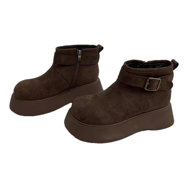 Женские зимние ботильоны на платформе, замшевые короткие, плюшевые, на среднем каблуке, хлопковые туфли, тренд 2025 года, теплые, удобные, с пряжкой, зимние дизайнерские ботинки Mujer
