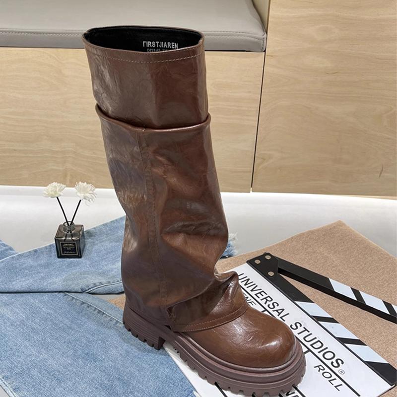 Модные женские сапоги на платформе, высокие кожаные туфли до колена, туфли на плоской подошве, женская мода 2025 года, зимнее платье в готическом стиле в стиле ретро, мотоциклетные сапоги Mujer