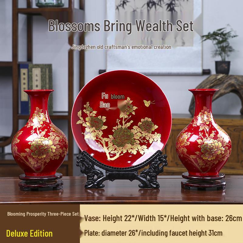 Good Fortune Jingdezhen Ceramic Vase Set: 3-Piece Décor for Living Room, Curio Shelf, or TV Cabinet