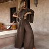 Brown Batwing Sleeve Off Shoulder Top with High Waist Wide Leg Pants Two Piece Set