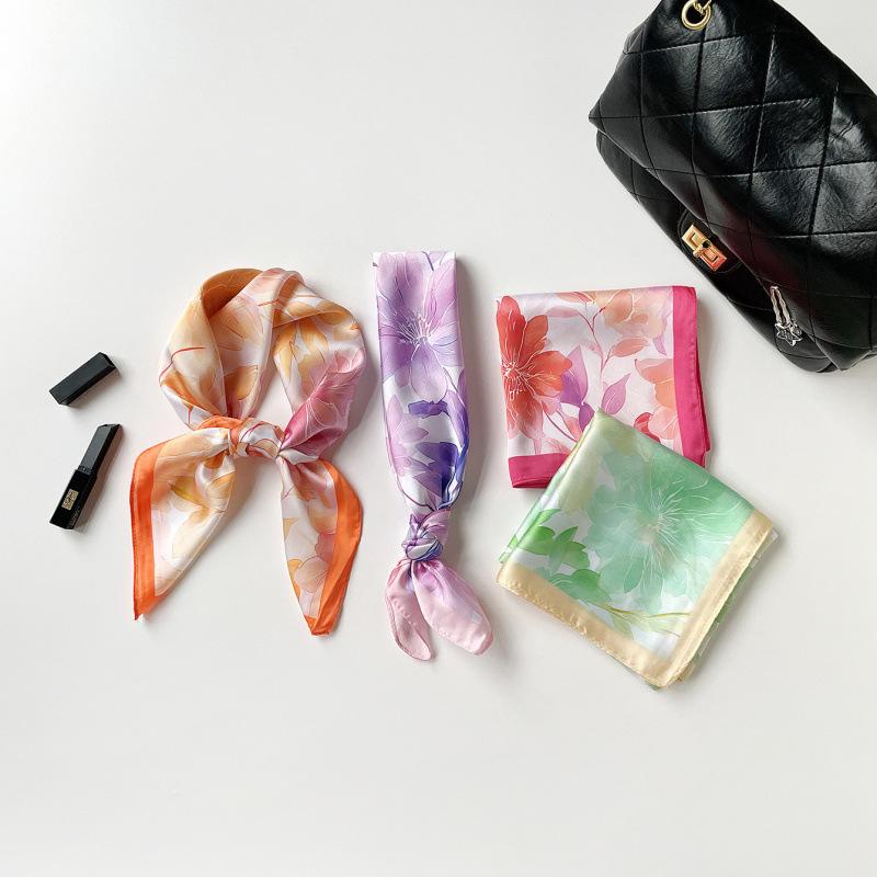 French Fresh Small Square Scarf Floral Printing Silk Scarf 70 Imitation Silk Satin Silk Scarf Commuter Scarf Waist Square Scarf Women