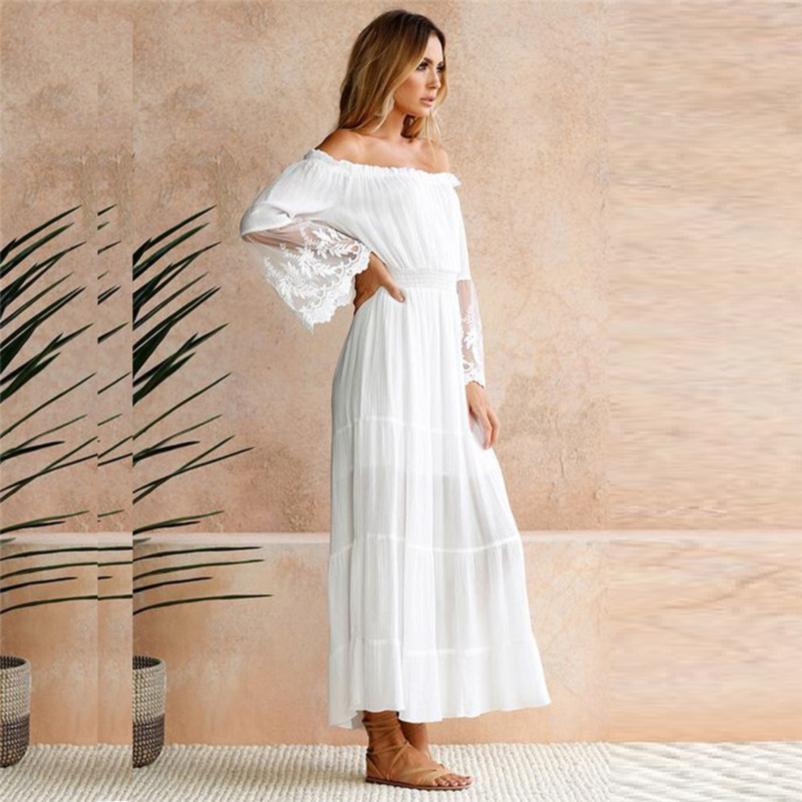 Летняя женская мода Off Should Dress Lace Splice Temperament Long Dress